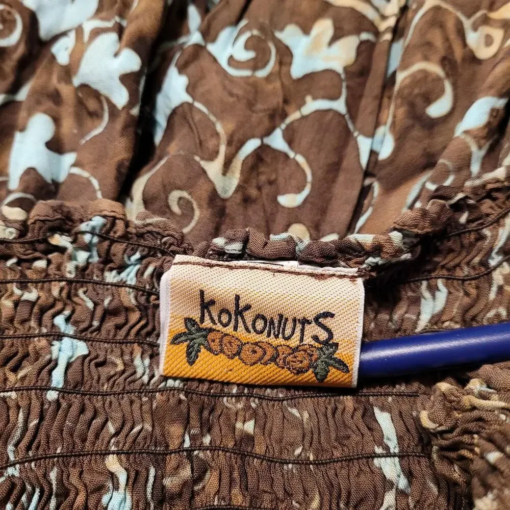 Boho Fringed Smocked Sundress by kokonuts Brown Tie Dye Blue Print one size